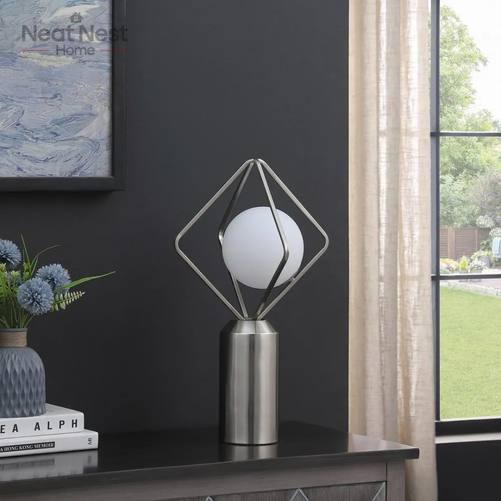Modern Silver Metal Lamp ,with White glass orb shade,Bedside light with Glass and Brushed Silver Metal Table base,for bedroom