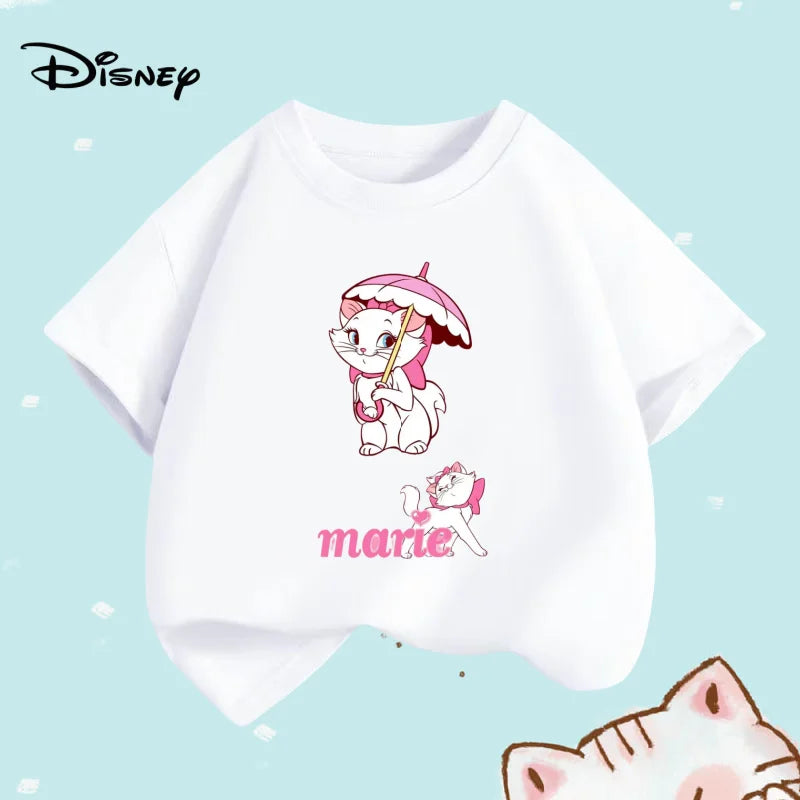 Summer Baby Girls Solid Clothes Kid Disney Marie Cat Printed Short Sleeve T-shirts Children Cartoon O-Neck Soft Breathable Top