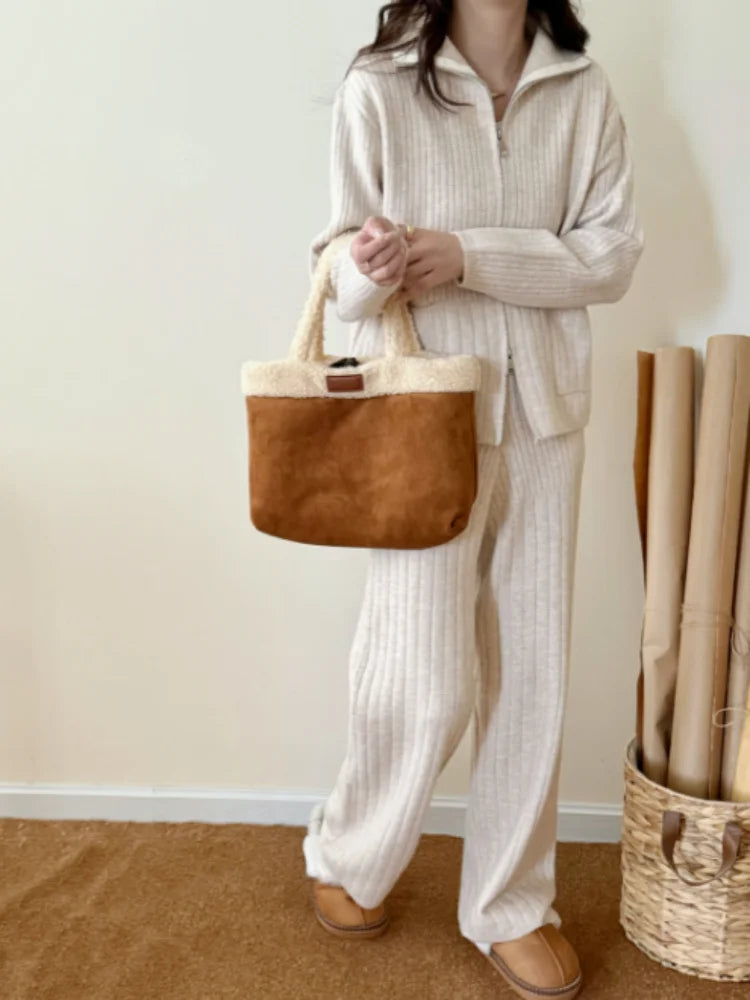 SMTHMA 2025 New Autumn Winter Zipper Turndown Collar Soft Knitted Sweater Two-Piece Set Casual Long Pants 2 Piece Outfits