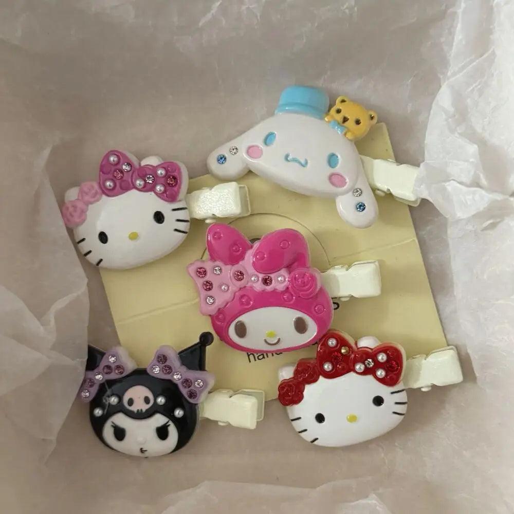 Sanrio Hello Kitty Hair Clips Shiny Pink Crystal My Melody Kuromi Women Hairs Accessories Sweet Girls Headdress Bangs Clip Gift