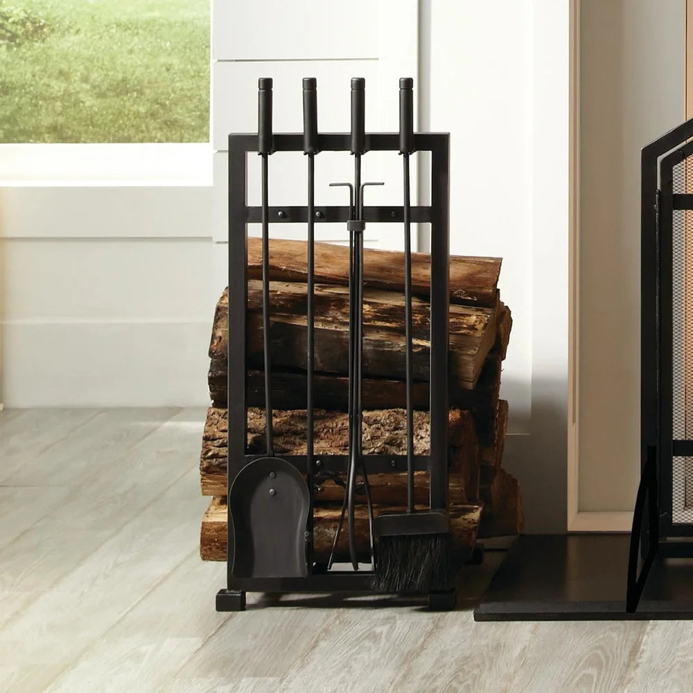 Steel Log Rack with 4 Piece Toolset Fireplace Accessories Black Powder Coat Finish Includes Poker Shovel Brush Tongs Heavy Duty