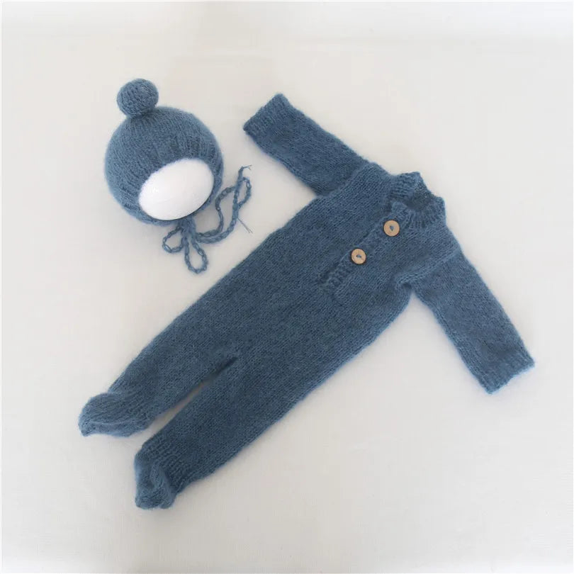 Hand Knitted Wolf Pup Footed Outfit Set Baby Boy Animal Romper Newborn Photography Prop Fuzzy Crochet Teddy Bear Overall Clothes