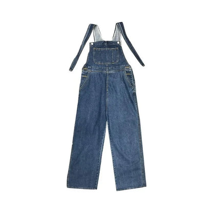 Men Denim Overalls Retro Japanese Style Loose Fit Straight Leg Adjustable Suspenders Casual Streetwear Pants for Everyday Wear