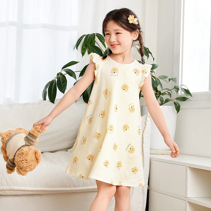 Mini Bala Summer New Kids Sweat-Absorbing Comfortable Nightgown Breathable Pure Cotton Girls Home Dress