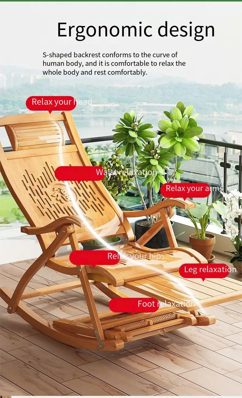 Vintage Cane Rocking Chair for Seniors - Traditional Chinese Style Taishi Chair, Bamboo and Cane Weaving Rocking/Lounge Chair, L