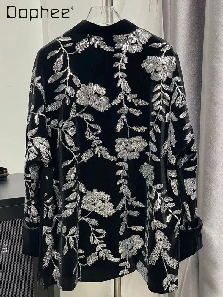 Heavy Industry Flower Embroidery Sequins Velvet Stand Collar Jacket New Chinese Style Retro Trendy Jacket Women's Spring Autumn