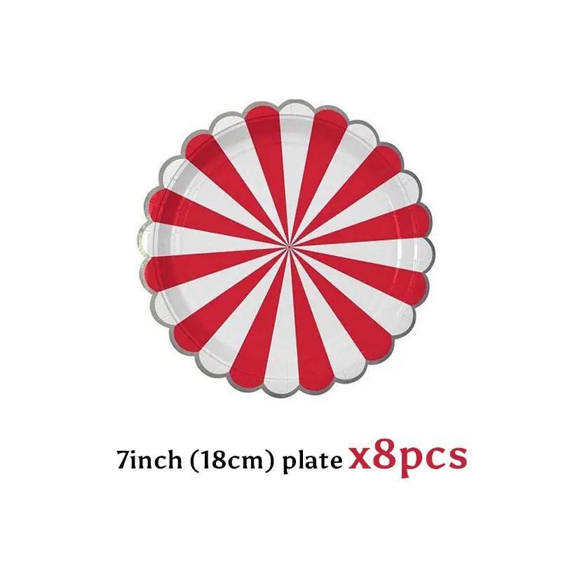 Red White Silver Striped Disposable Tableware Set Circus Birthday Party Decor Plates Cup Tablecloth Napkin Knives Forks Supplies