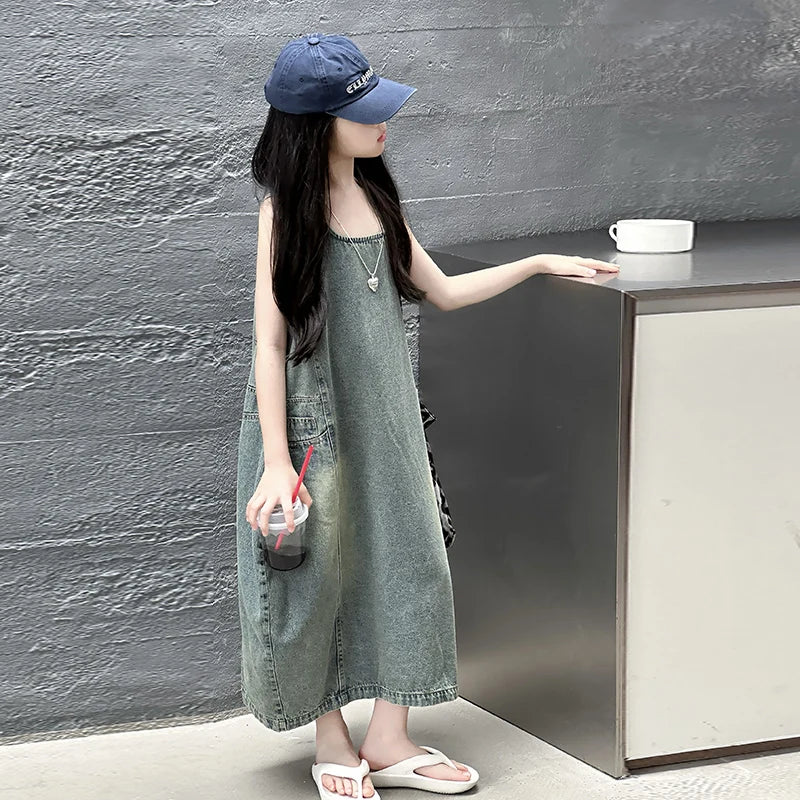 Vintage Blue Children Girls High Quality Sleeveless Denim Dress Streetwear Outfit Fashion Summer Kids Luxury Jeans Clothing