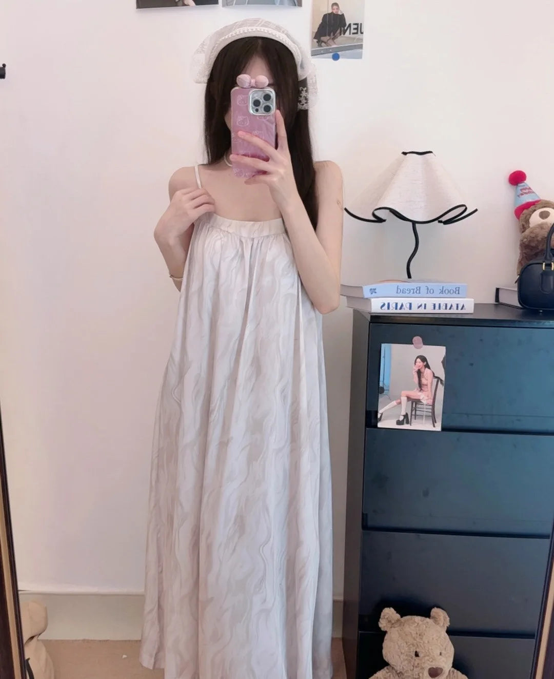 Summmer New Female Long Nightgown Home Dressing Gown Sexy Suspender Nightdress Intimate Lingerie Silky Satin Nightwear Nightie