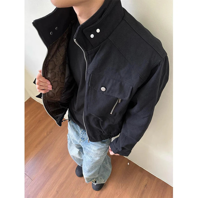 Bla Workwear Jaet Men's Sle Spring Autumn High-End Motorcycle Pilot Coat Stand Collar Snake Pattern Cotton Long Sve