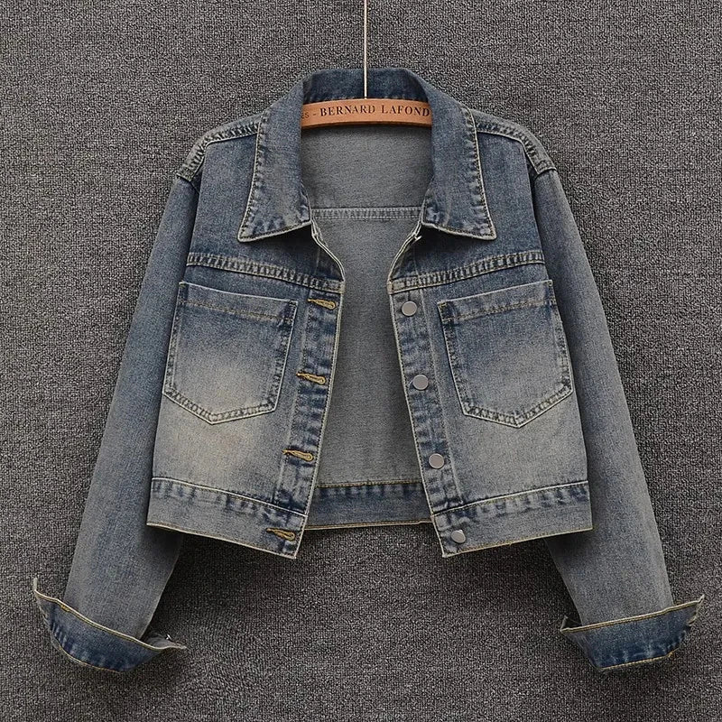Women Vintage Cropped Denim Jacket Classic Harajuku Y2K Blue American Coat Loose Casual Simple Turn Down Collar Top