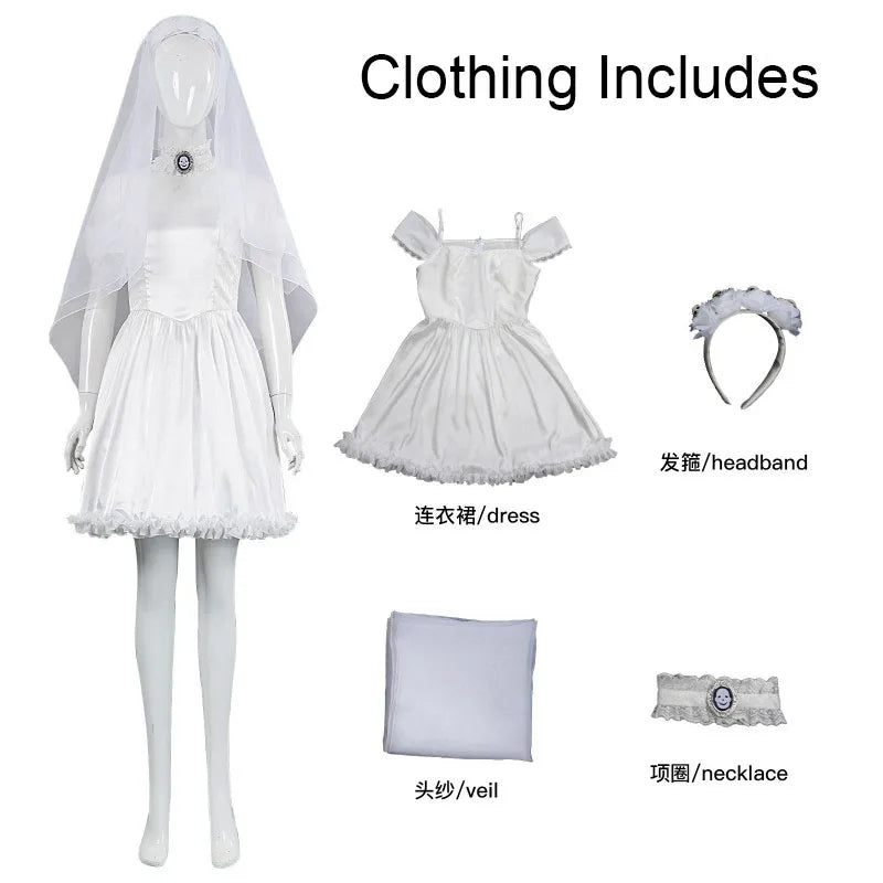 2025 Halloween Corpse Emily Cosplay Costume Bride White Wedding Dress Carnival Horror Party Bride Emily's Dressing Up