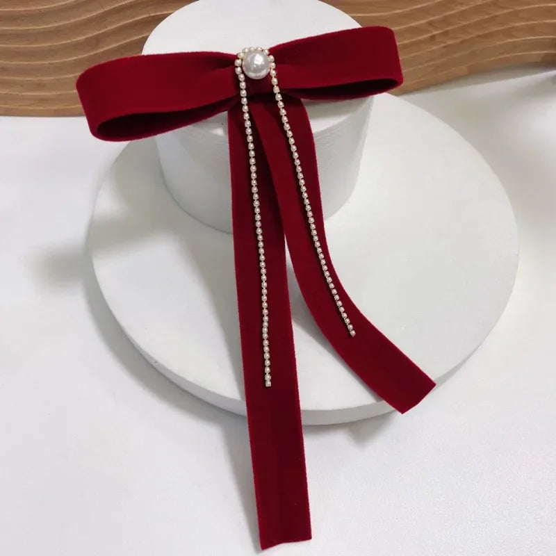 Red Velvet Bow Hair Claw Pearl Rhinestone Tassel Hair Clips for Women Temperament Headpiece Bride Wedding Party Hair Accessories