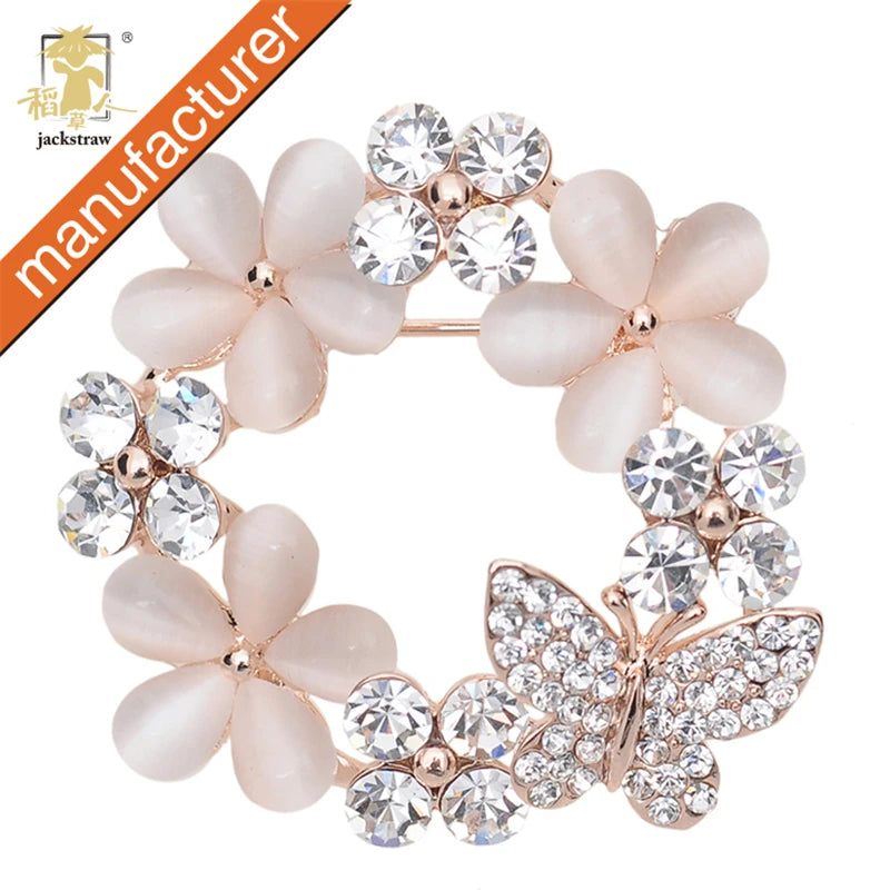 Bueaty fashion handmade opal flower jewelry pin hijab pins and brooches rhinestone butterfly  wholesale for women