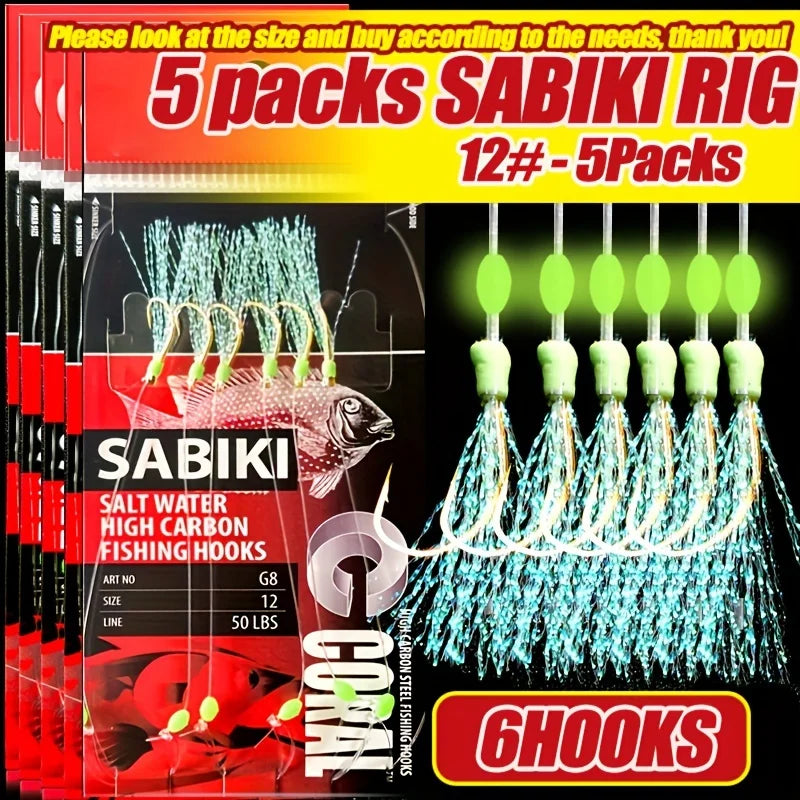 TAKBAS 1/5 Packs Sabiki Rigs, Fishing Bait Rigs, Luminous Sea Fishing Rig with High Carbon Fishing Hooks,for Fresh/Saltwater