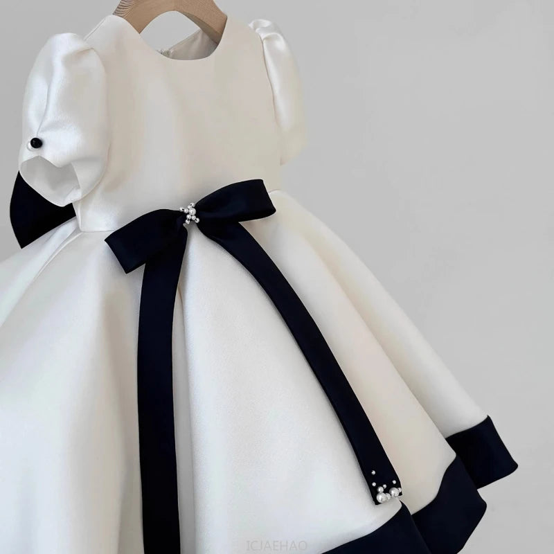 Elegant Princess Baby Girl Satin 1st Birthday Dress Wedding Flower Girl Princess Gown Black White Classic Party Outfit Clothes