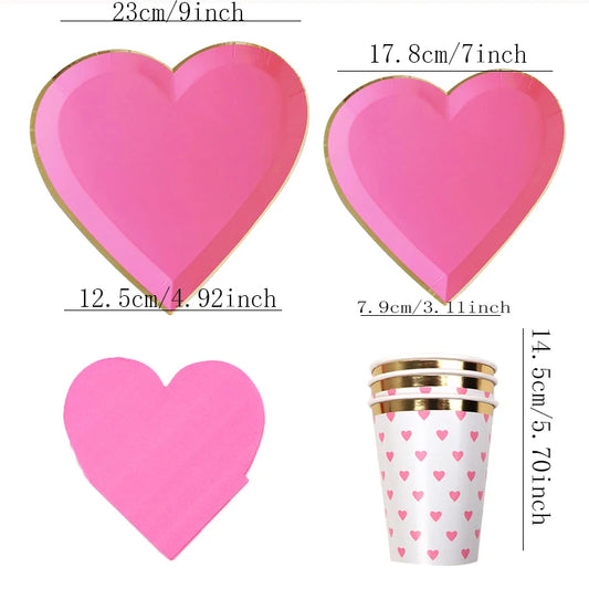 40pcs Rose Heart Shape Disposable Tableware Rose Heart Plate Cup Napkin For Wedding Valentine's Day Party Decoration Supplies