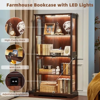 Farmhouse Glass Display Cabinet Set of 2 with Lock Walnut