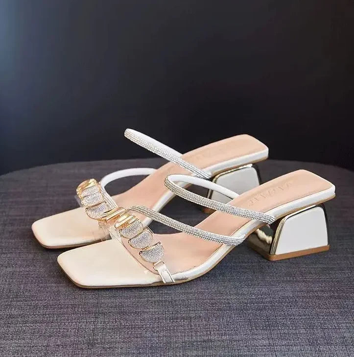 2025 New Women's Fashionable Rhinestone High-heeled Sandals Summer Women's Sexy Sandals Women's Leather Sandals Plus Size