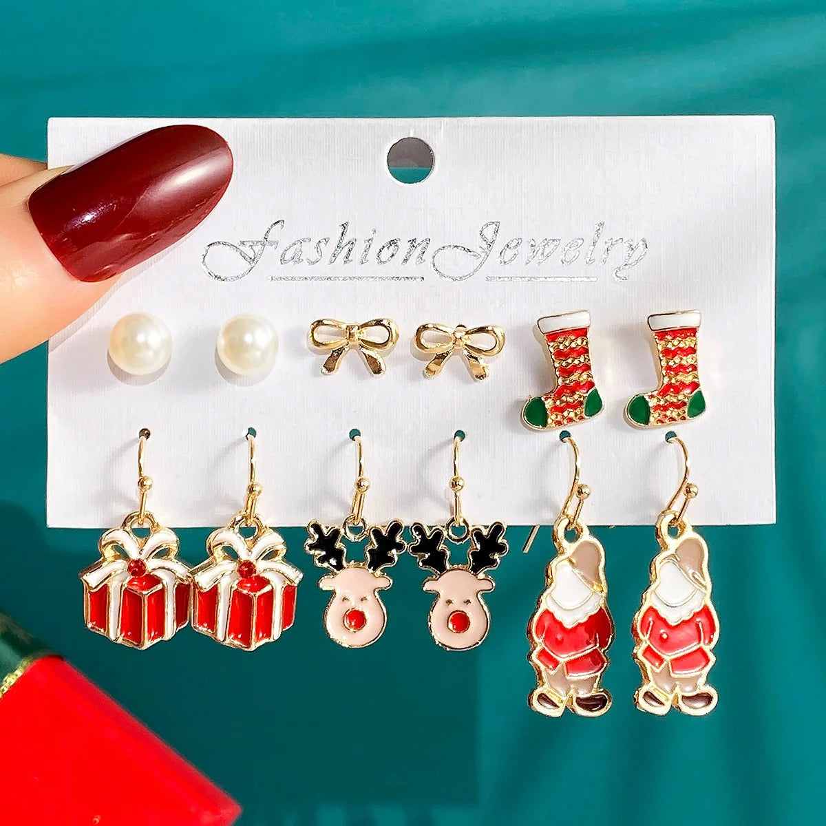 6 Pairs New Christmas Set Cross border Hot Selling Cartoon Dripping Oil Elk Santa Claus Christmas Tree Earrings for Women