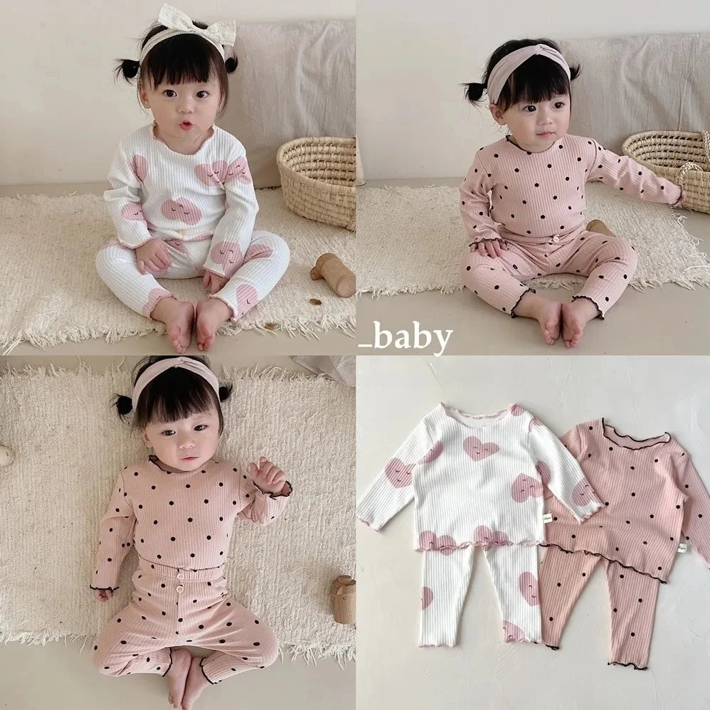 Autumn new ice silk children's home dress Pink Love suit Girls Pajamas Sets Children's Pijamas Breathable Baby Clothes