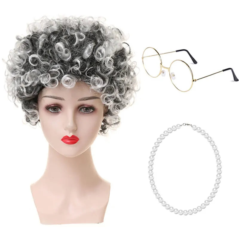 Granny Wig Cos Halloween Granny Curly Hair Charterer Stage Show Wig Cover Props