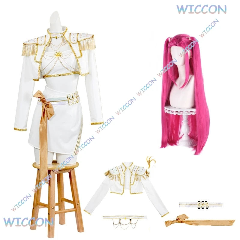 WUHU@Adults kids Suit Huntrix K-Pop Mira Cosplay Demon Hunters White Set Wig Halloween Cosplay Outfit Women Stage Uniforms Costu