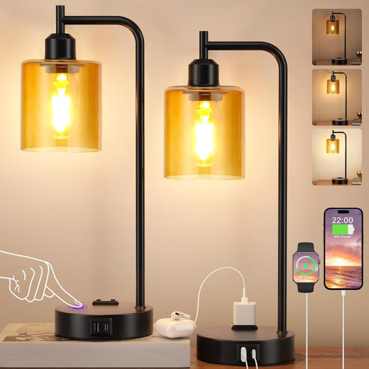 Set of 2 Nightstand Lamps 3 Way Dimmable Touch With USB Ports Amber