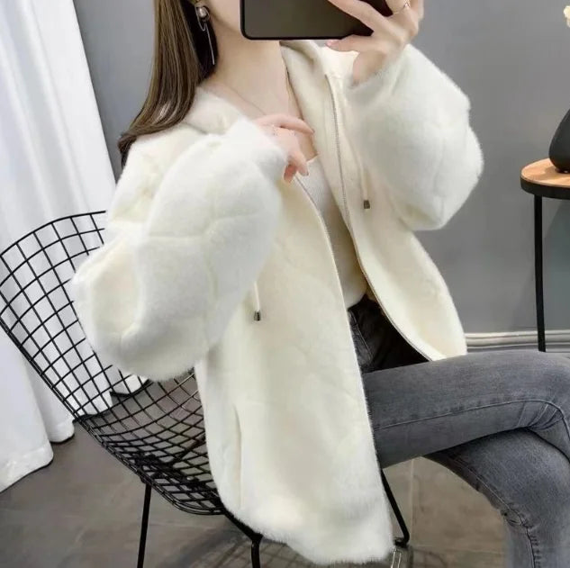 Women's Knitted Sweater Coat Zipper Cardigan Coat Urban Minimalist Mink Fur Coat Open Front Round Neck Long Sleeve Cardigan Top