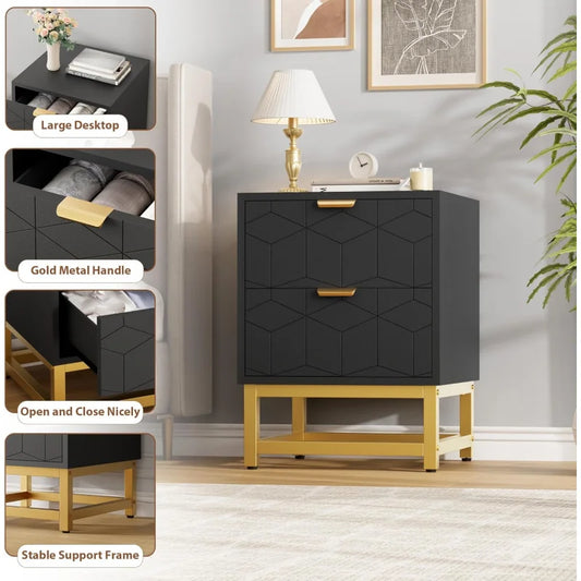 Black Nightstand, Modern 2 Drawer Dresser for Bedroom, Large End Side Table Bedside Table with 2 Drawers, Wooden Nigh