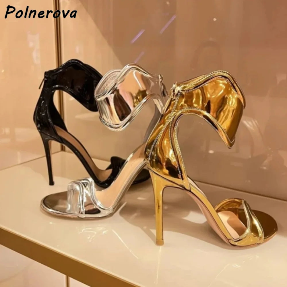 Wave Shape Straight Strap Sandals Ankle Band Silvery Gold Back Zipper Leather Shoes Summer Sexy Stiletto Fashion Sandals 2025