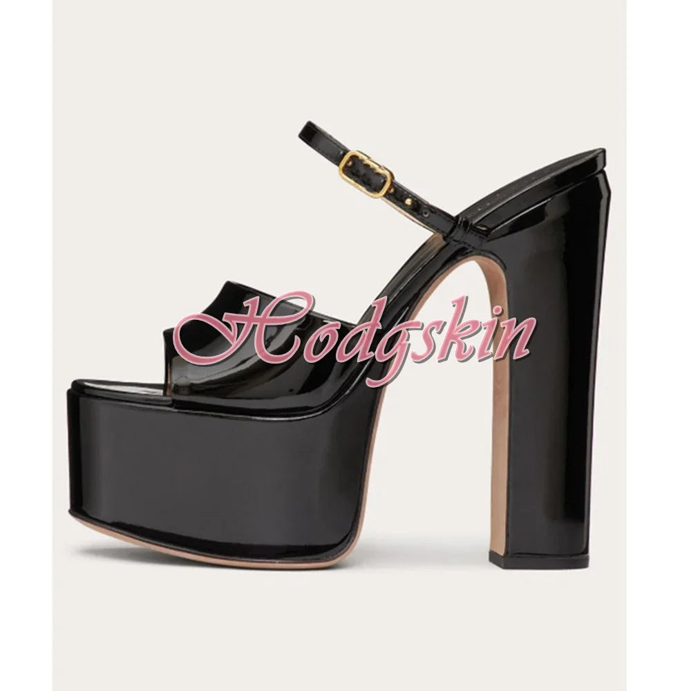 Thick Sole Shiny Leather Sandals Open Toe High Platform Chunky High Heels Solid Buckles Straps Sandals Women Dress Shoes Design