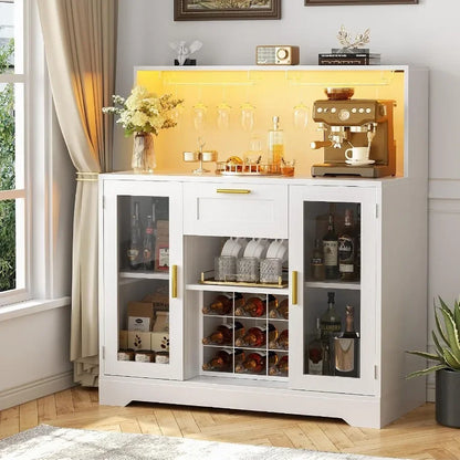 Coffee Bar Cabinet with RGB LED Light and Storage Hutch for home bar use, white MDF material, modern design with adjustable she