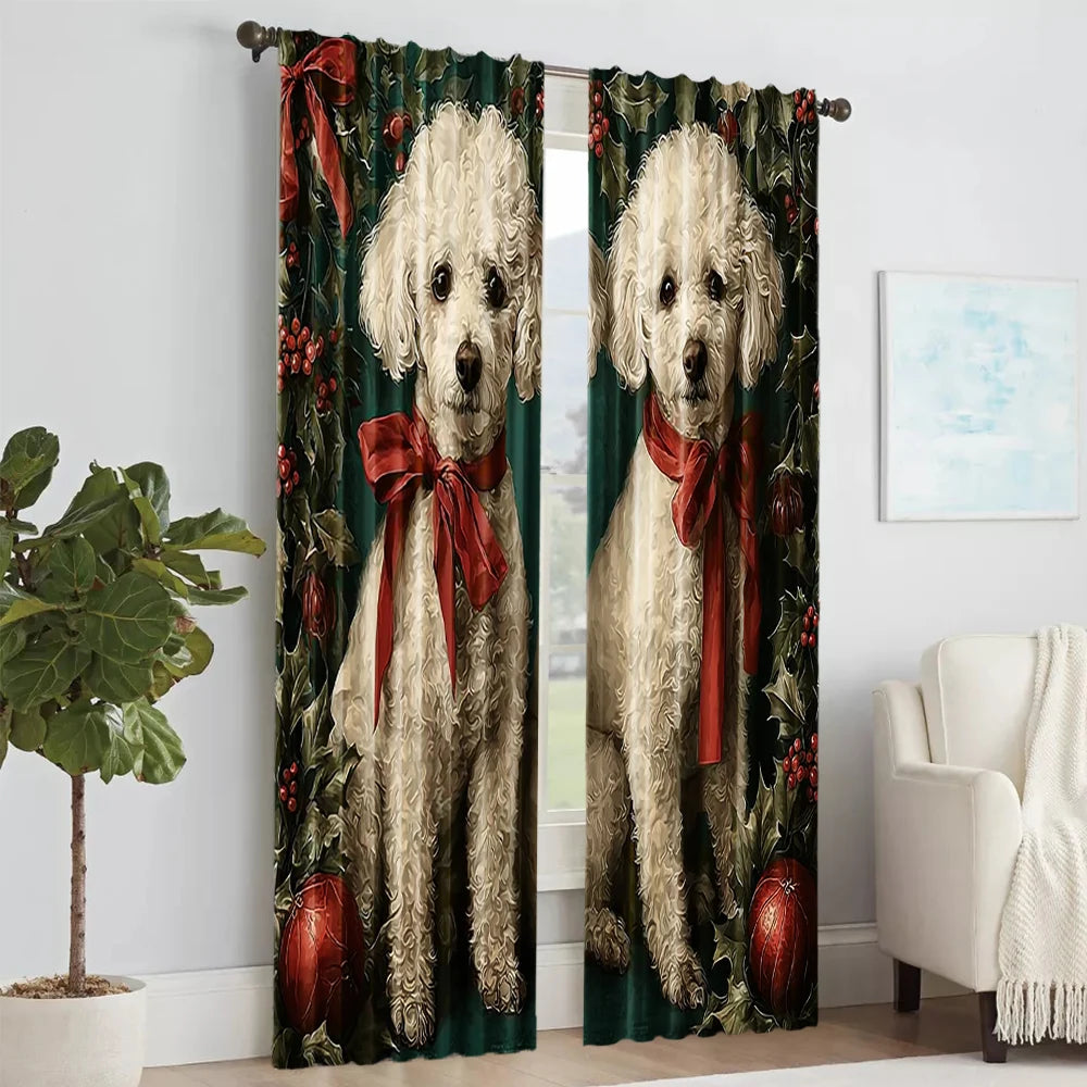 2pcs 2D flat printing Window Curtains Christmas Dog Versatile 100% Polyester Without Electricity Versatile for Classroom Office