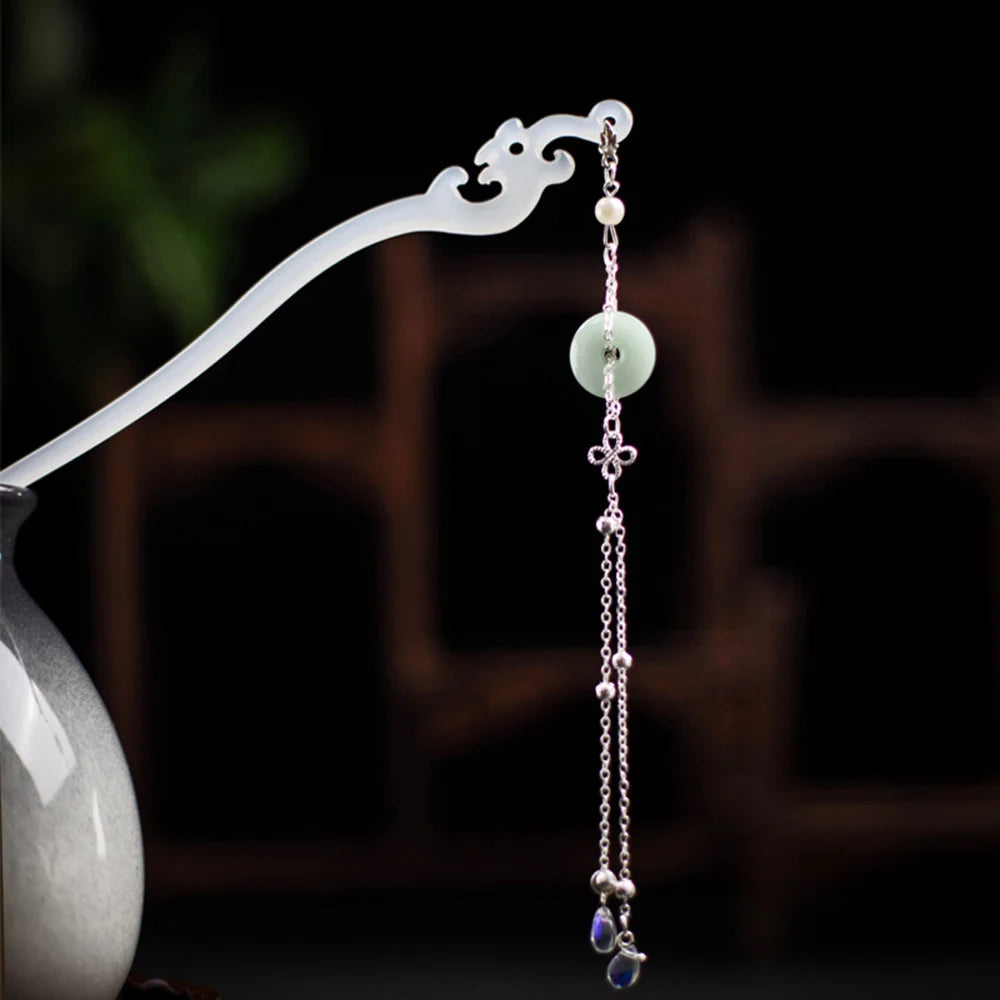 White/Green Acetic Acid Hair Sticks Forks Elegant Headwear Retro Chinese Style Hair Pin Chain Pendant Hair Jewelry for Women