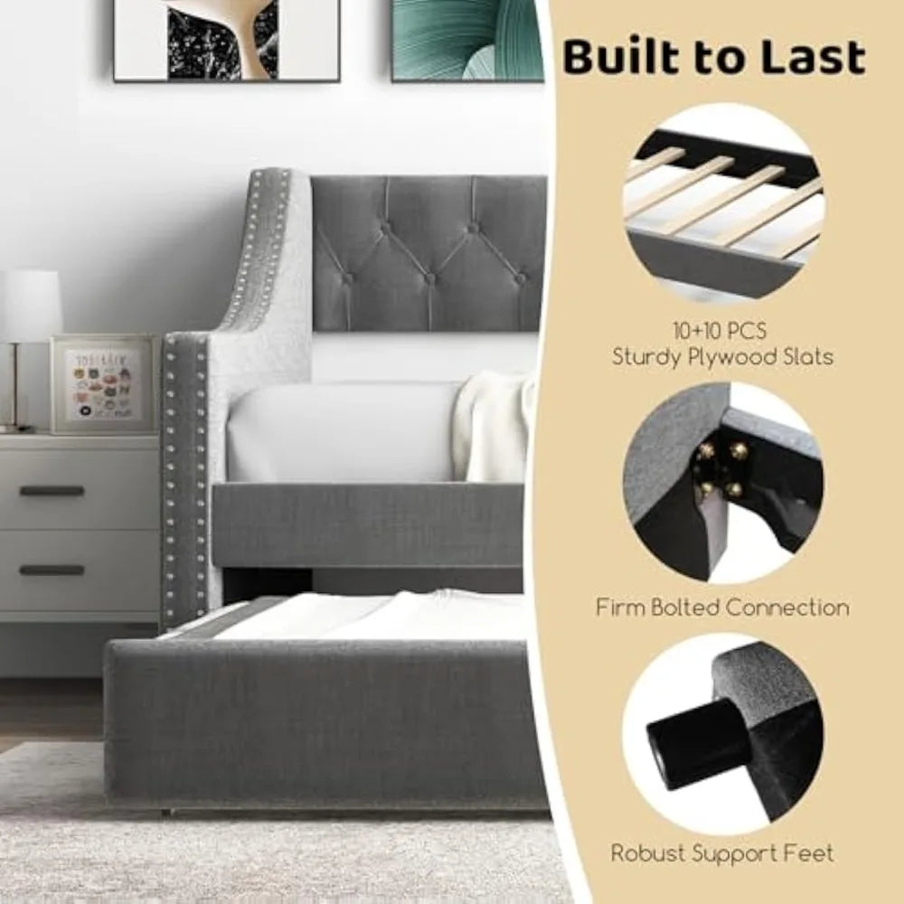 Giantex Upholstered Twin Daybed with Trundle, Modern Trundle Bed with Button Tufted Backrest and Wooden Slat Support, Twin Size
