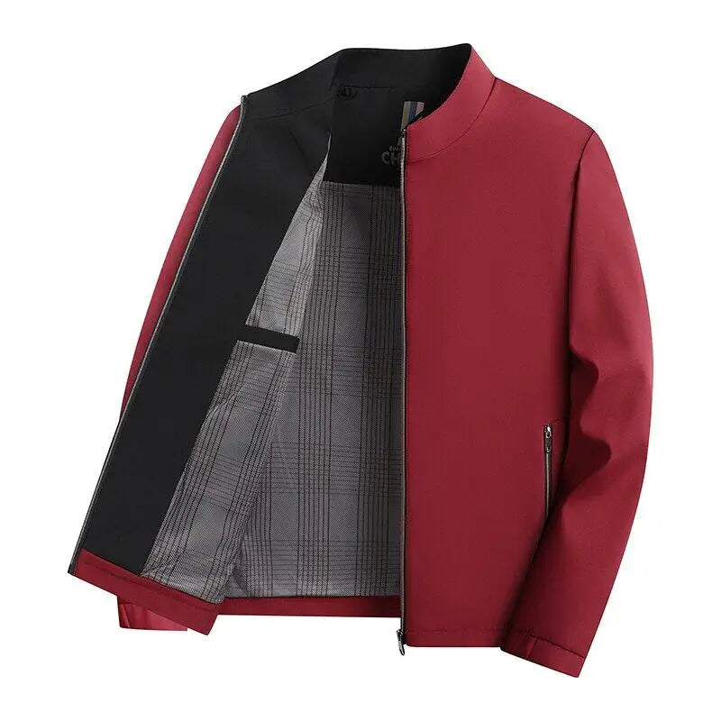 A stylish, cool and versatile solid color casual and trendy business jacket with a stand-up collar for senior dads