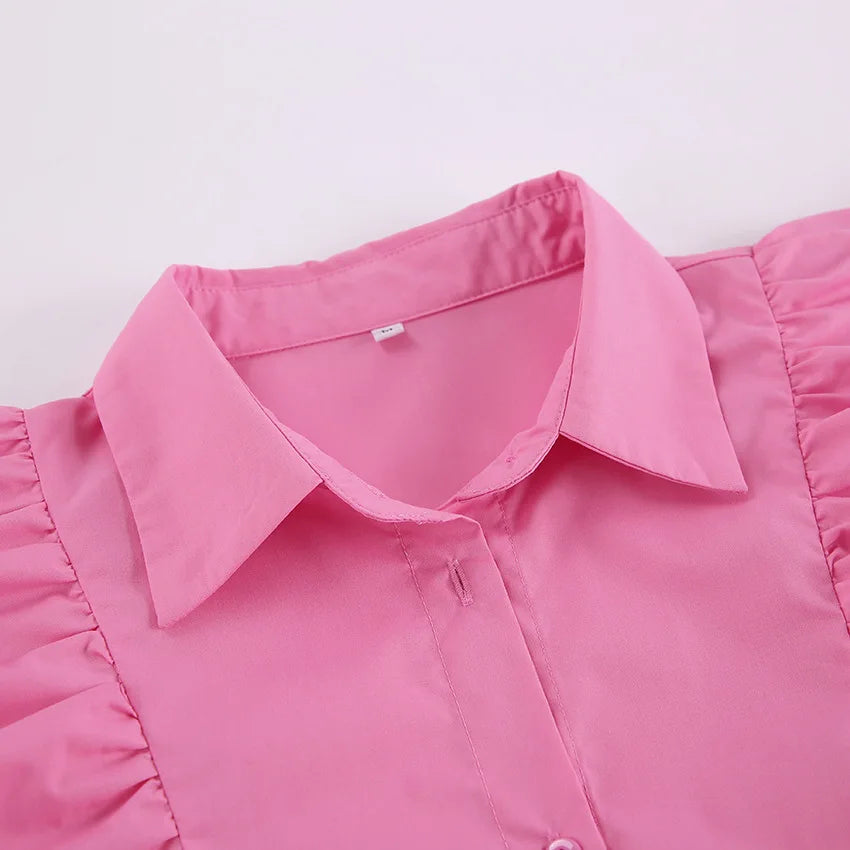 Ruffles Button-Down Shirt Women Summer Fashion Flare Sleeve Loose Shirts Blouses Lady Elegant Casual Tops Streetwear 2025