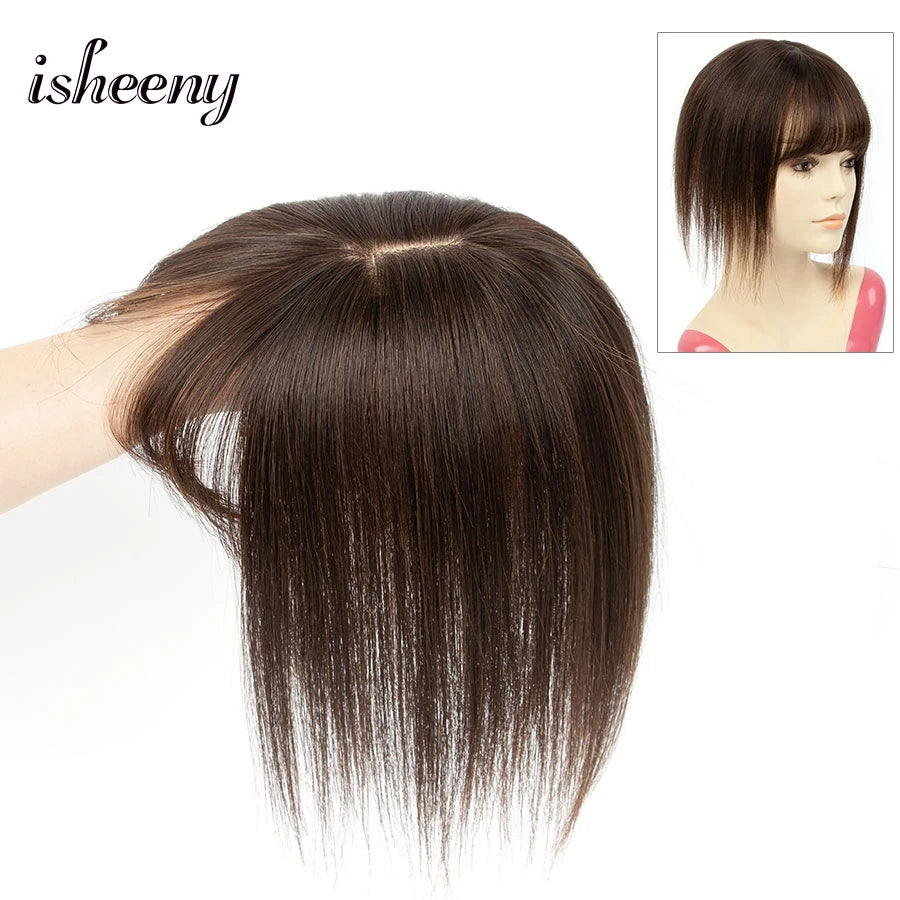 isheeny Dark Brown Human Hair Toppers 8x12cm Real Natural Invisible Top Hairpiece 8-14 inches Black Blonde Clip In Hair Piece