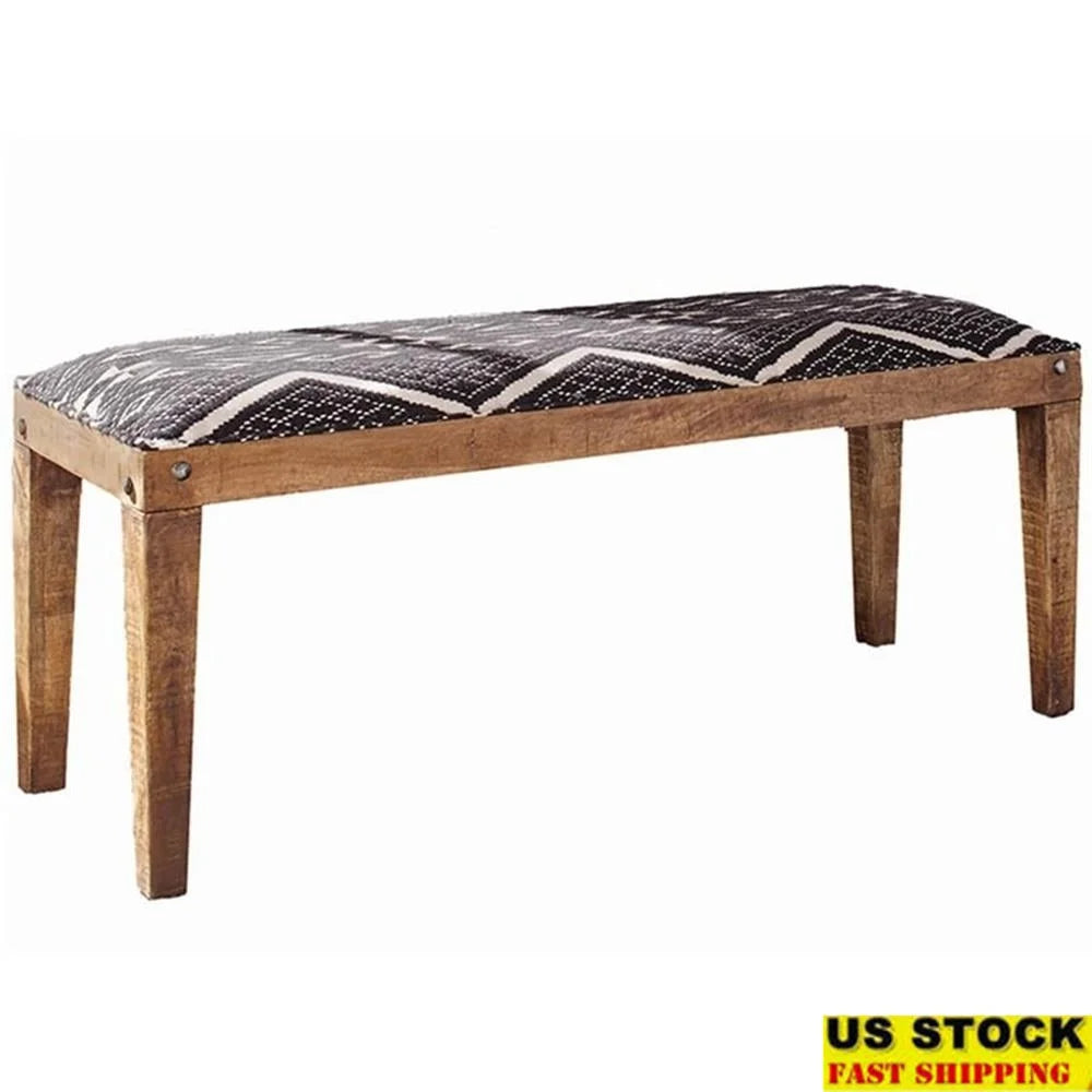 Contemporary Upholstered Wood Bench Natural Mango Fabric Indoor Seating Decorative Tufted Design Perfect Hallway Bedroom