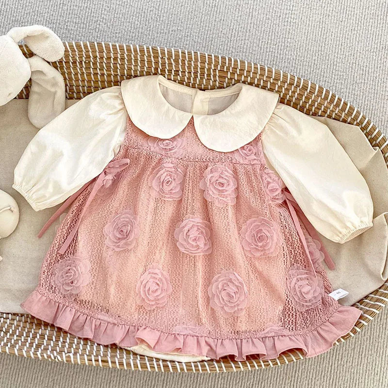 2024 New Autumn 0-24M Children Clothes Newborn Baby Girls Long Sleeved Cotton Bodysuits+Lace Dress Korean Style Climbing Suit