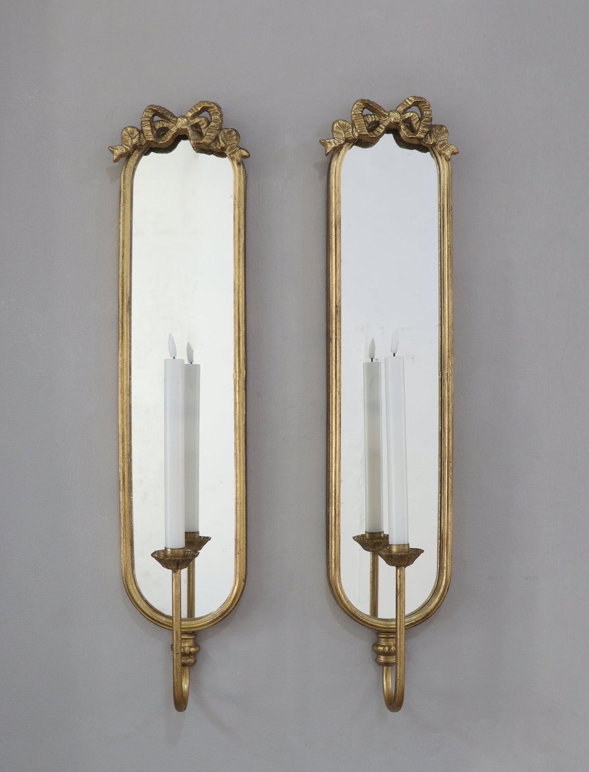 Set of 2 Gold Mirrored Wall Sconces with Iron Candle Holders