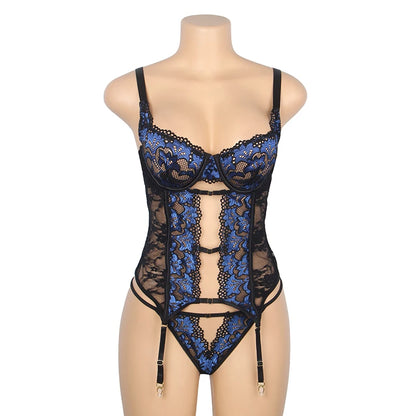 Comeondear Blue Lace Teddy Lingerie Set for Women with Underwire Garter Belt Hollow out Design Sexy Babydoll Nightwear S-2XL