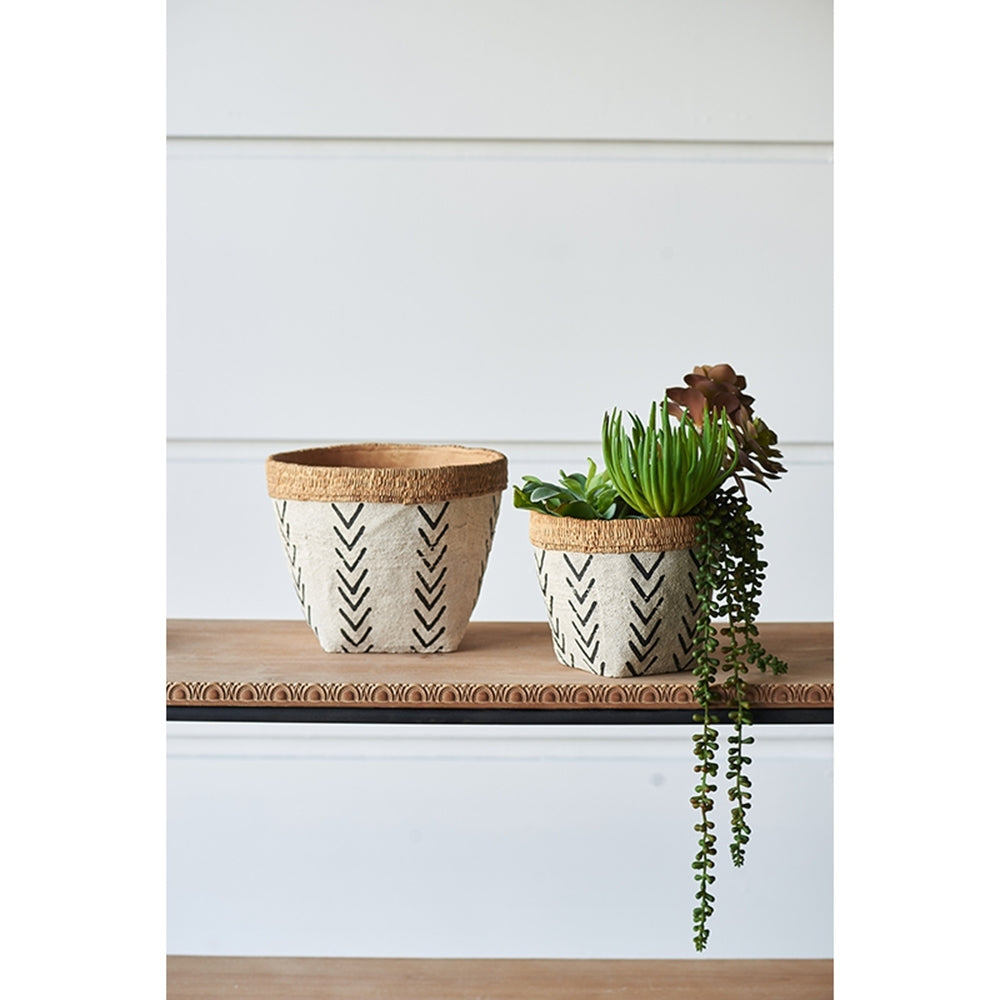 Set of 2 White & Brown Cement Planters with V Pattern