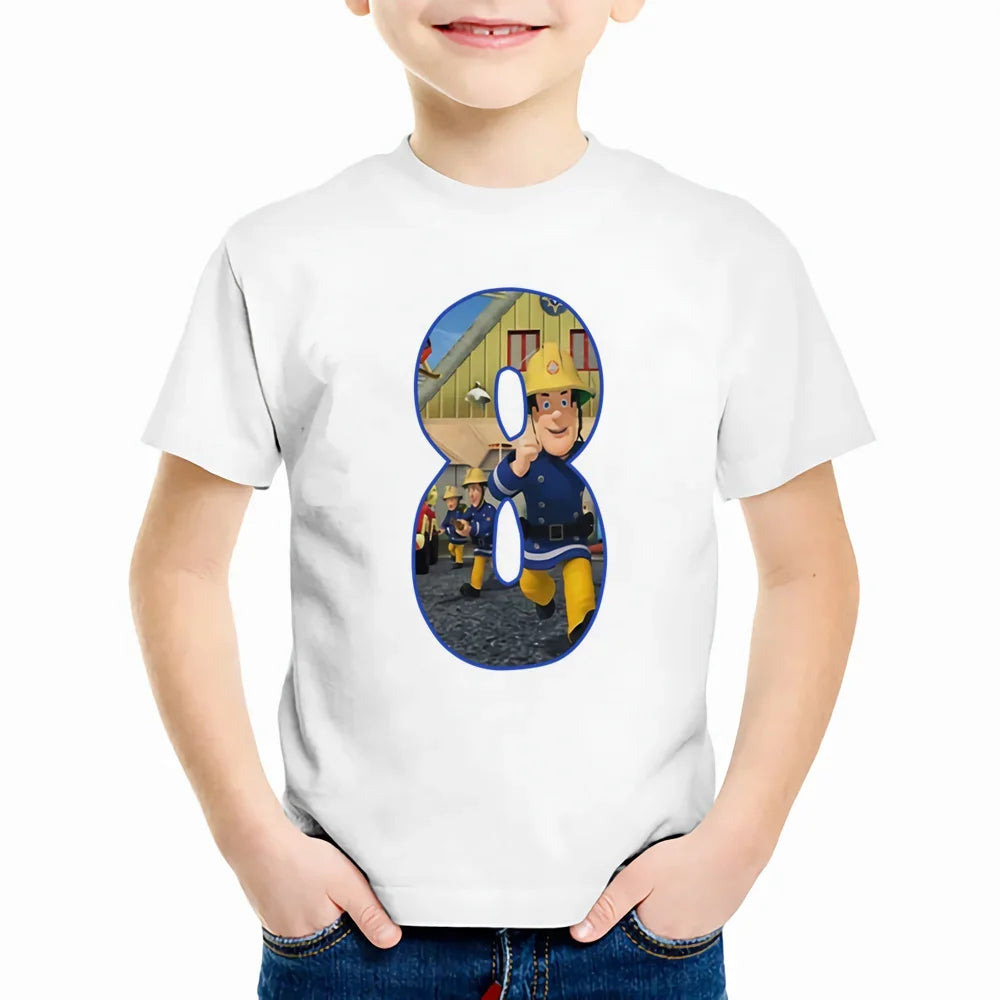 Baby Kids Cartoon Birthday Number 1-9 Print T Shirt Fireman Sam Children T-shirts Boys Girls Funny Gift Summer Clothes,YKP022