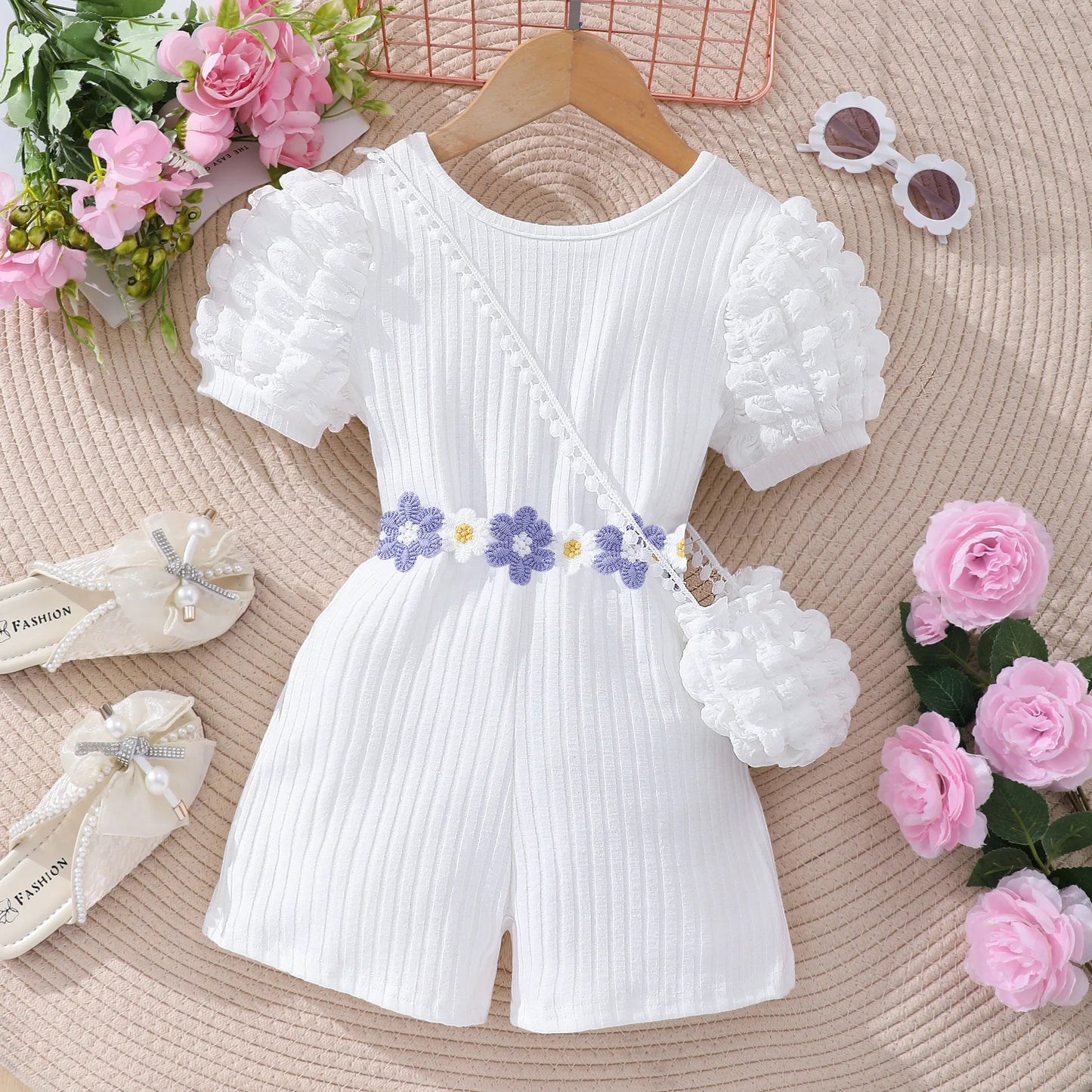 【Free Bag】 KIds Girl Jumpsuit Baby Girl Set Summer Short Sleeve Shorts Leisure Beach Children Clothes Floral Belt Outfit 2-7 Yrs