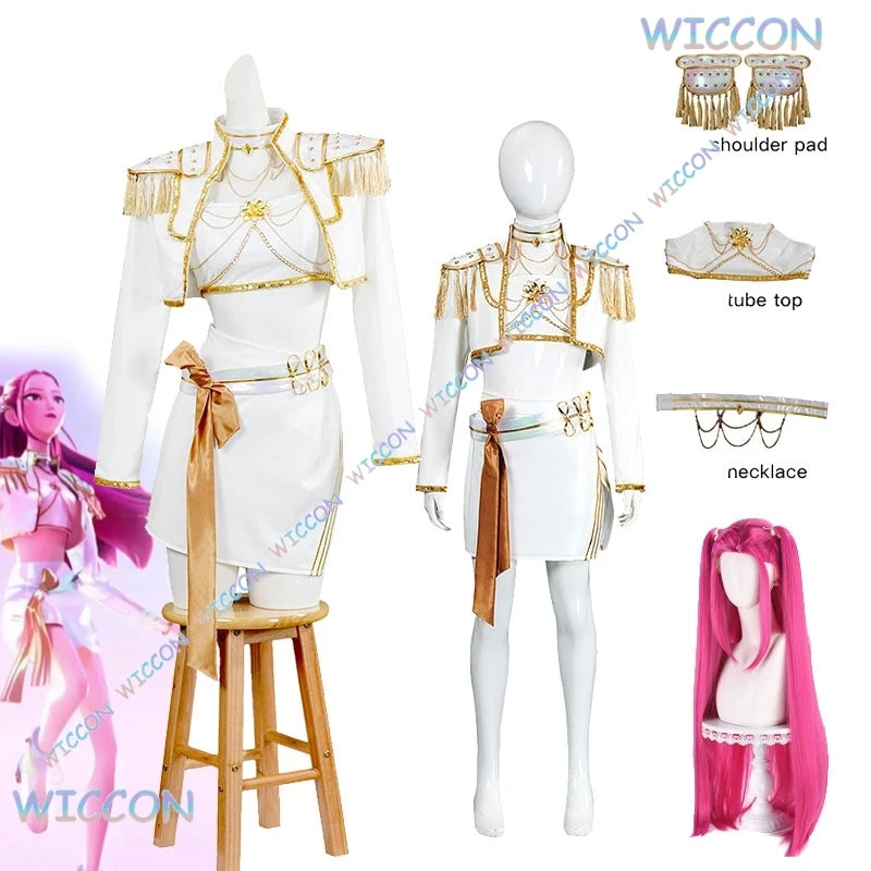 WUHU@Adults kids Suit Huntrix K-Pop Mira Cosplay Demon Hunters White Set Wig Halloween Cosplay Outfit Women Stage Uniforms Costu