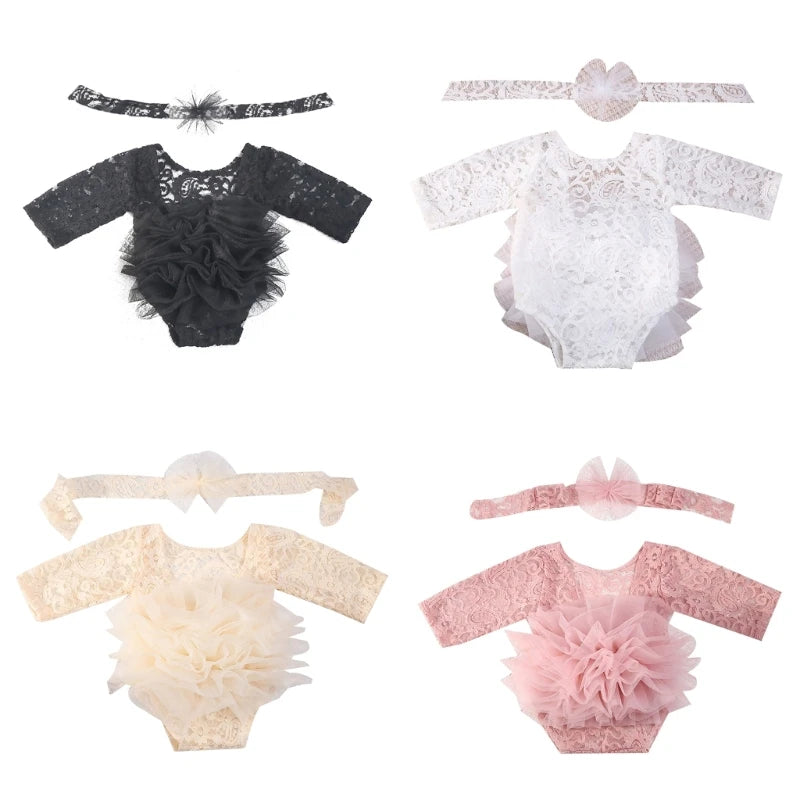 Newborn Toddler Baby Girl Romper Outfit Flower Lace Longsleeve Princess Romper Jumpsuits Tutu Dress Summer Fall Clothes Photo