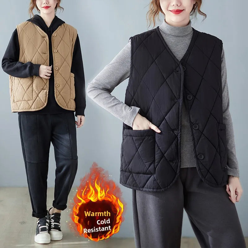Loose V-Ne Ladies Jaet Vest Large Size Open Ba Cotton Fabric Faionable Diamond Patterned Autumn New Sle 2025