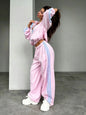 2026 New Velvet Contrasting Three-bar Sports Suit Women's Stand-up Collar Zipper Jacket High-waisted Drawstring Wide-leg Sweatpa